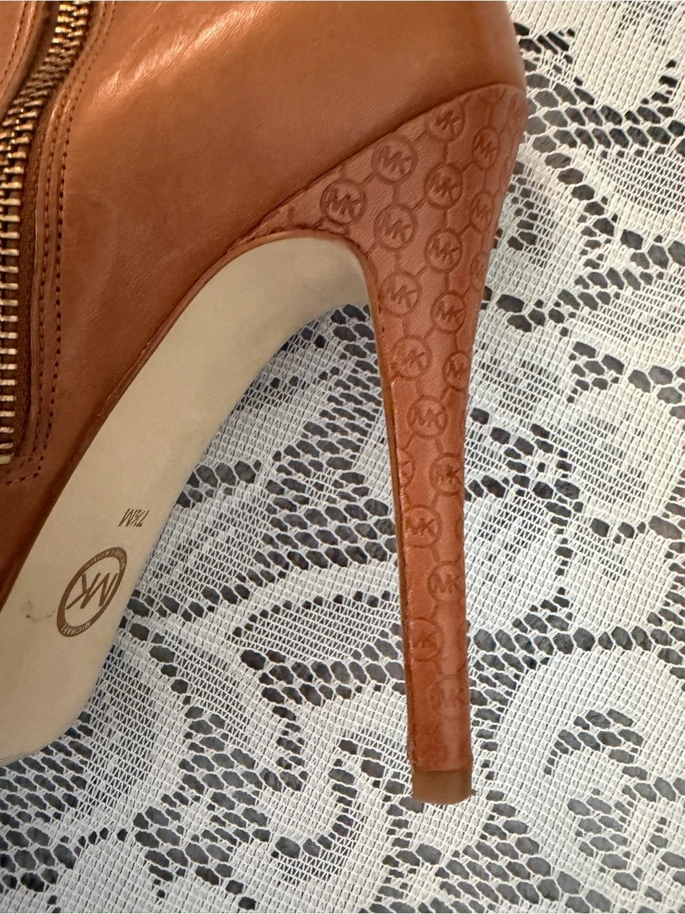 Michael Kors Leather Ankle Boots Brown Luggage Stiletto Heel Platform Booties